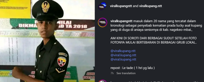 Viral beredar foto salah satu terduga pelaku penganiayaan Prada Lucky Namo hingga tewas. [Instagram]